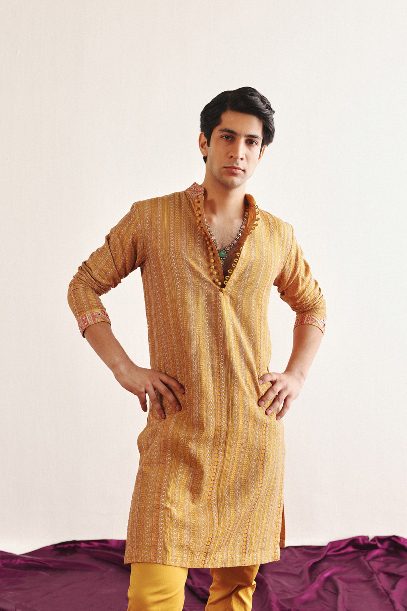 Twenty Nine Golden Yellow Kantha Work Kurta With Mirrorwork indian designer wear online shopping melange singapore