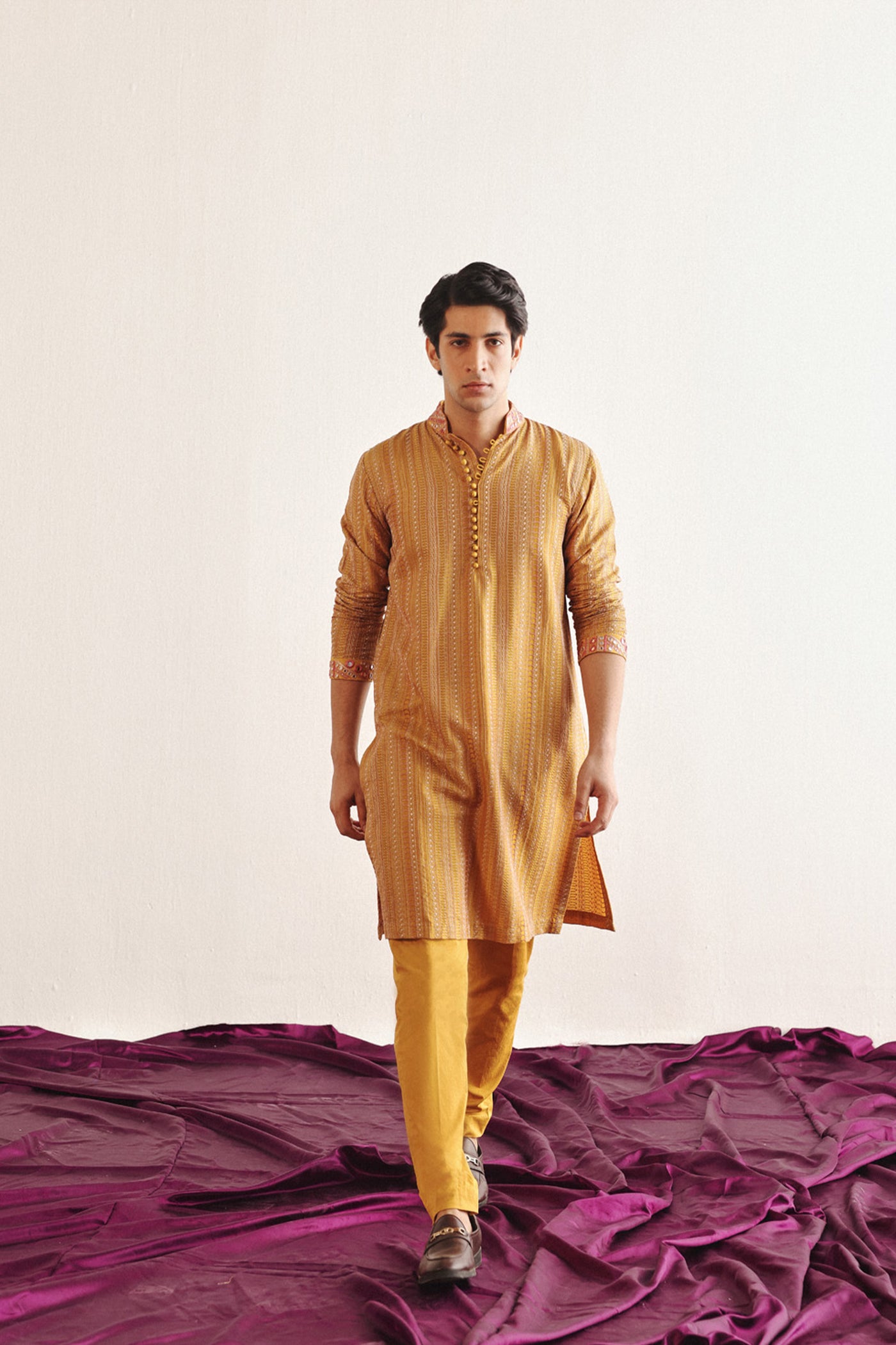 Twenty Nine Golden Yellow Kantha Work Kurta With Mirrorwork indian designer wear online shopping melange singapore