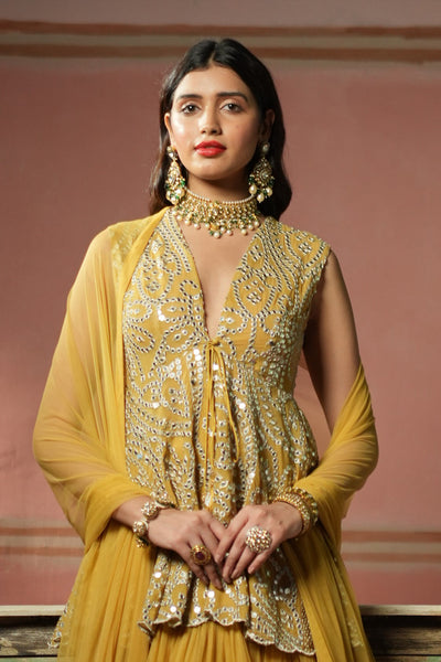 Twenty Nine Golden Yellow Mirrorwork High Low Lehenga Set indian designer wear online shopping melange singapore