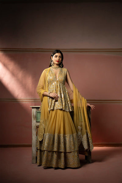 Twenty Nine Golden Yellow Mirrorwork High Low Lehenga Set indian designer wear online shopping melange singapore