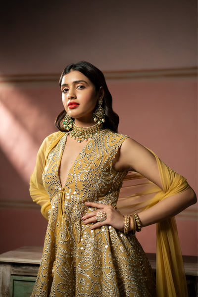 Twenty Nine Golden Yellow Mirrorwork High Low Lehenga Set indian designer wear online shopping melange singapore