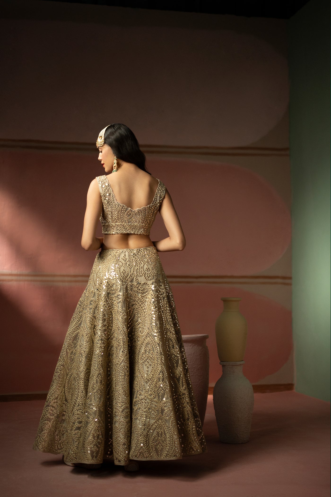Twenty Nine Golden Zari Mirrorwork Lehenga Set indian designer wear online shopping melange singapore