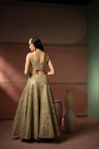 Twenty Nine Golden Zari Mirrorwork Lehenga Set indian designer wear online shopping melange singapore