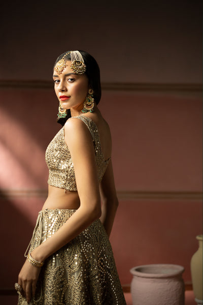 Twenty Nine Golden Zari Mirrorwork Lehenga Set indian designer wear online shopping melange singapore