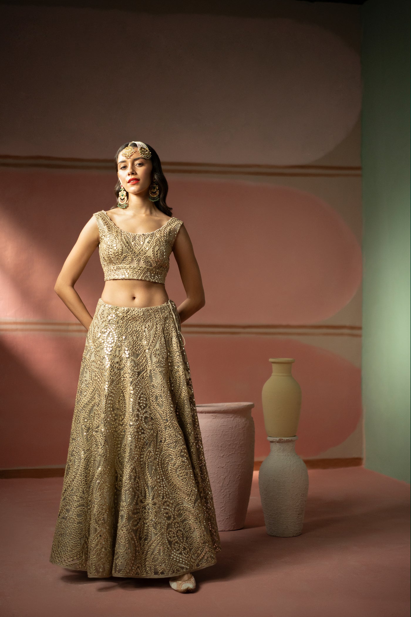 Twenty Nine Golden Zari Mirrorwork Lehenga Set indian designer wear online shopping melange singapore