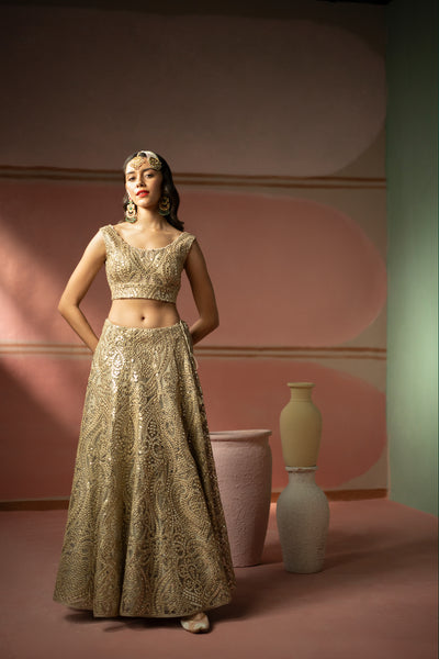 Twenty Nine Golden Zari Mirrorwork Lehenga Set indian designer wear online shopping melange singapore