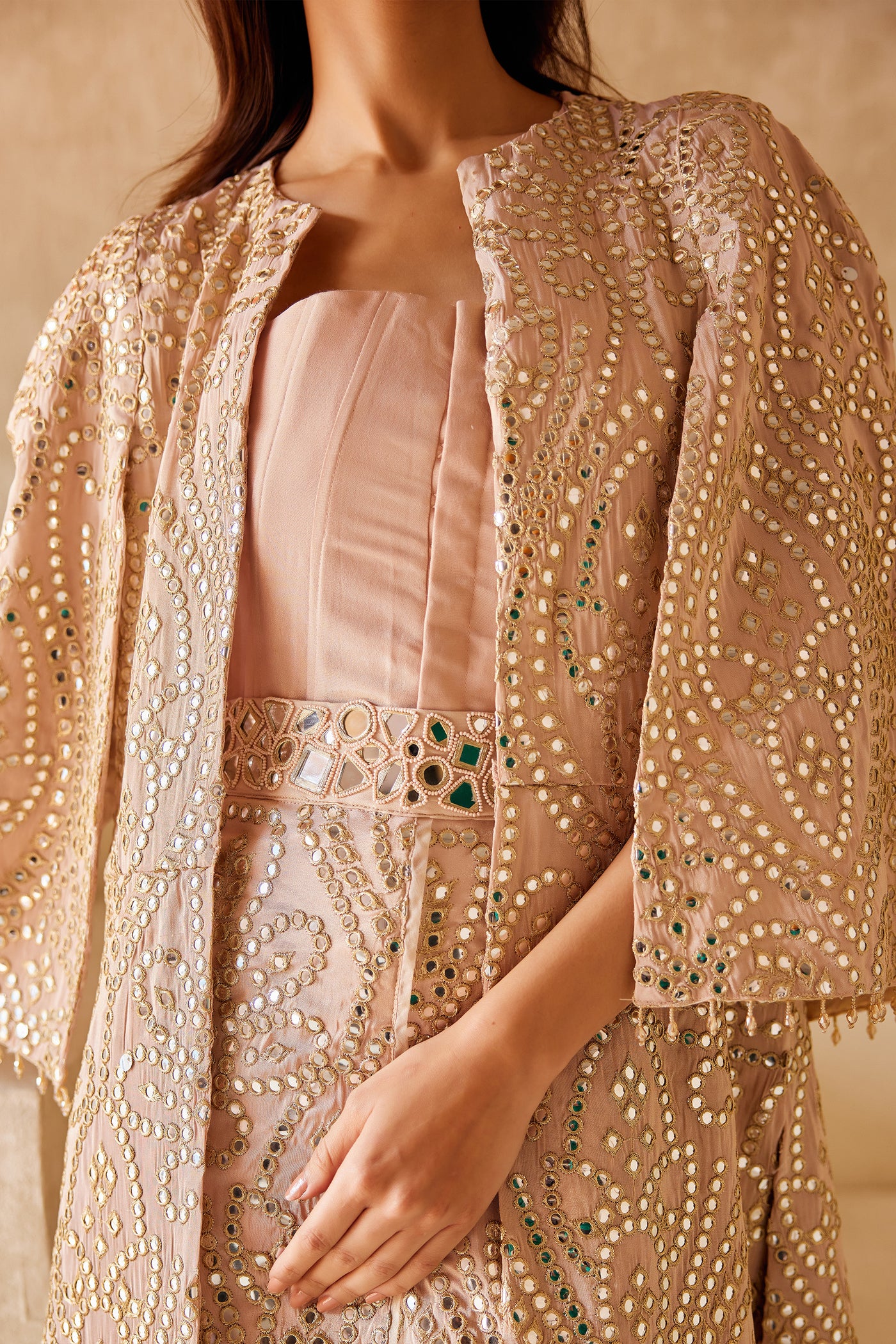 Twenty Nine Long Overlap Skirt With Long Jacket And String Corset indian designer wear online shopping melange singapore