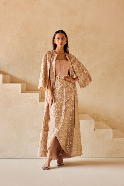 Twenty Nine Long Overlap Skirt With Long Jacket And String Corset indian designer wear online shopping melange singapore
