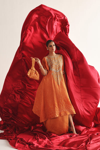 Twenty Nine Marodiwork Crushed Bandhani Silk Kaftan Kurta With Pencil Skirt indian designer wear online shopping melange singapore