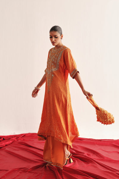 Twenty Nine Marodiwork Crushed Bandhani Silk Kaftan Kurta With Pencil Skirt indian designer wear online shopping melange singapore