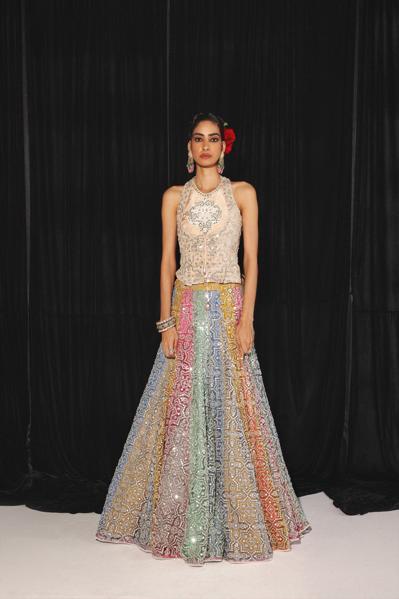 Twenty Nine Mirrorwork And Beadwork Multicolour Lehenga Set indian designer wear online shopping melange singapore
