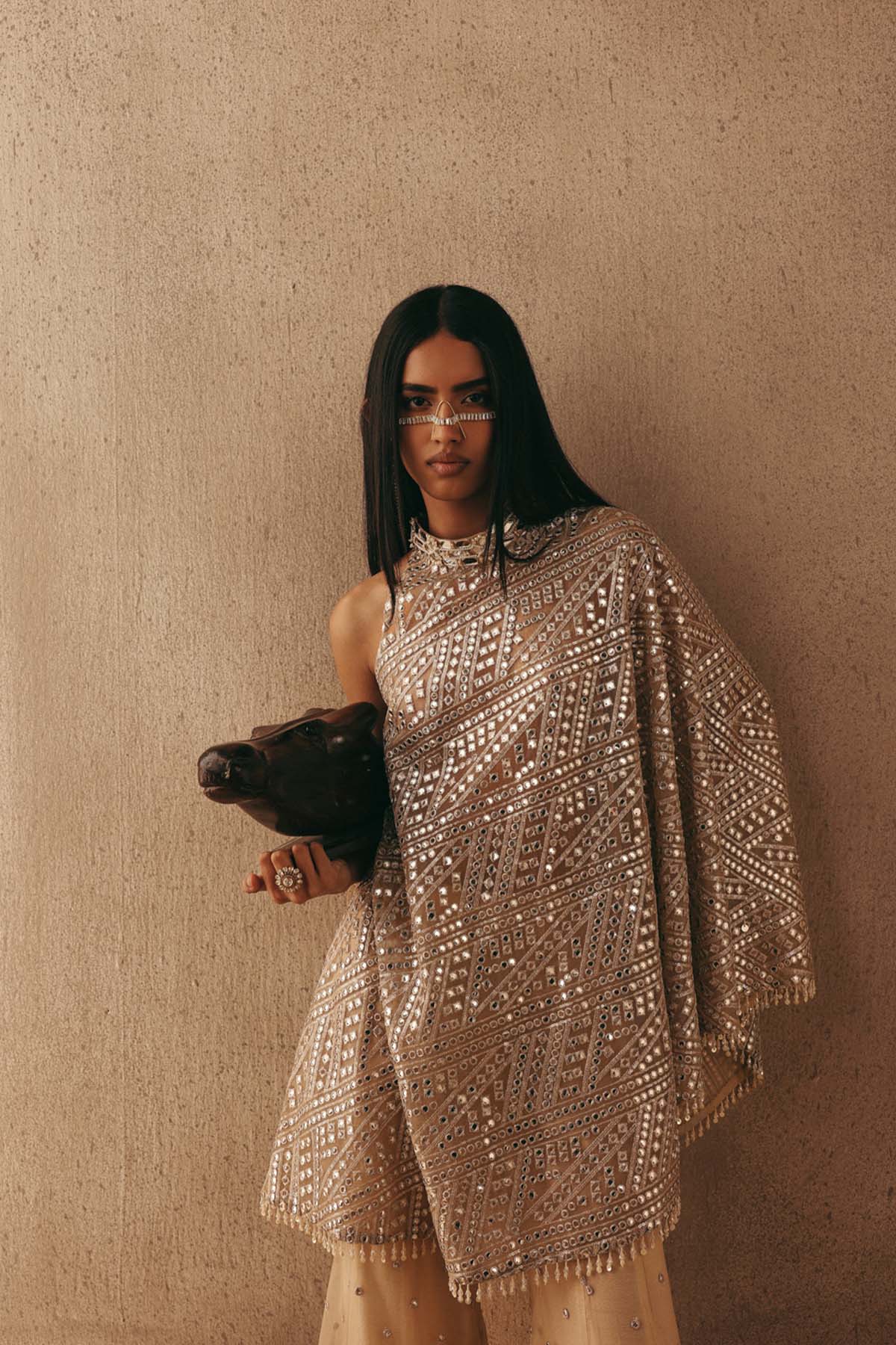 Twenty Nine Mirrorwork Band Collar One Shoulder Dress Top Indian designer wear online shopping melange singapore 