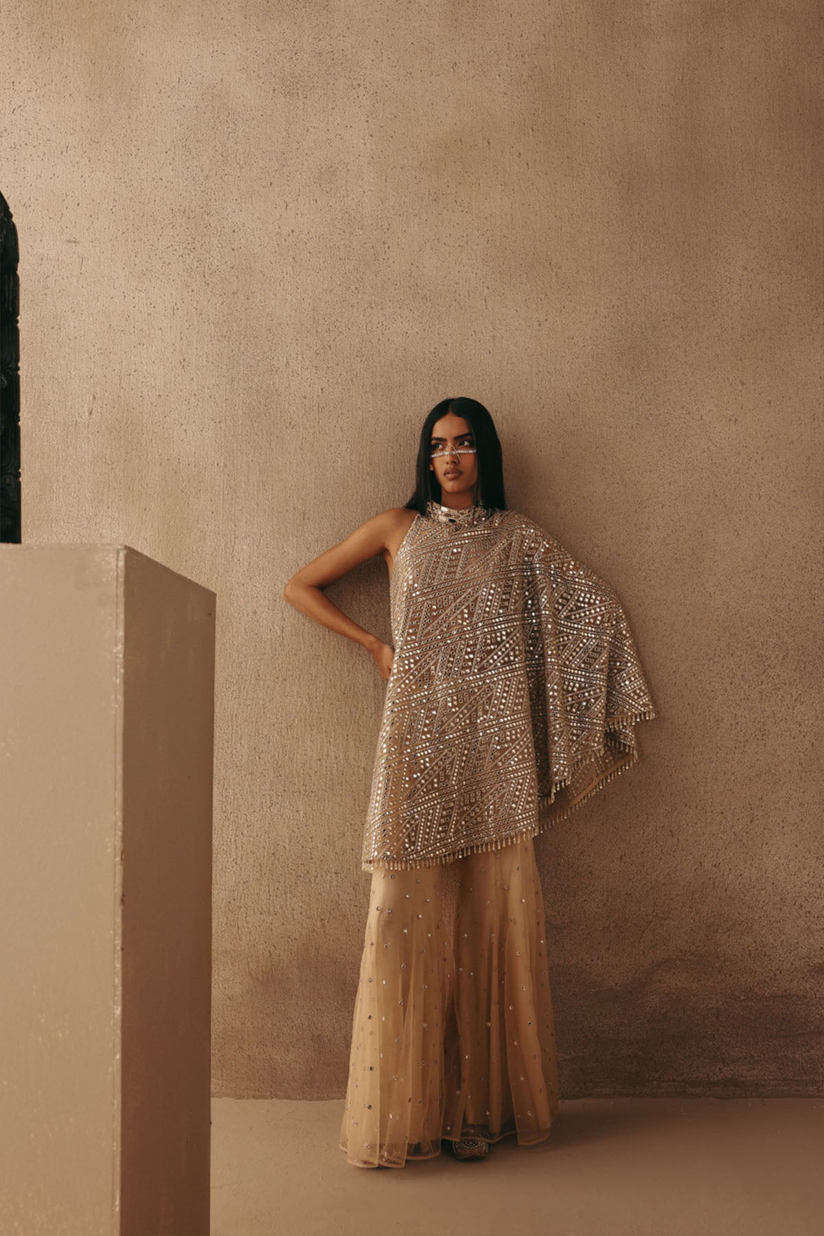 Twenty Nine Mirrorwork Band Collar One Shoulder Dress Top Indian designer wear online shopping melange singapore 