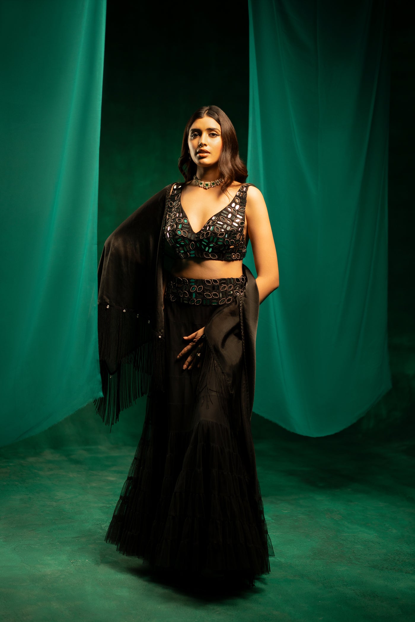 Twenty Nine Mirrorwork Black Layered Lehenga Skirt Set indian designer wear online shopping melange singapore