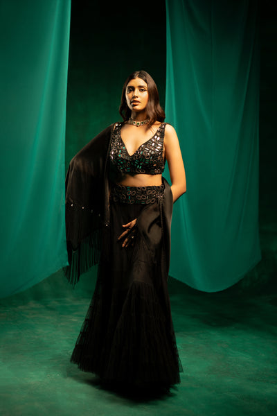Twenty Nine Mirrorwork Black Layered Lehenga Skirt Set indian designer wear online shopping melange singapore