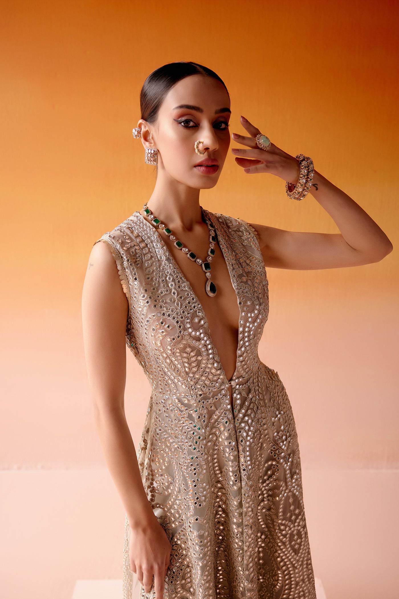 Twenty Nine Mirrorwork Long Sleeveless Jacket indian designer wear online shopping melange singapore
