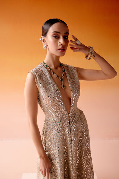 Twenty Nine Mirrorwork Long Sleeveless Jacket indian designer wear online shopping melange singapore