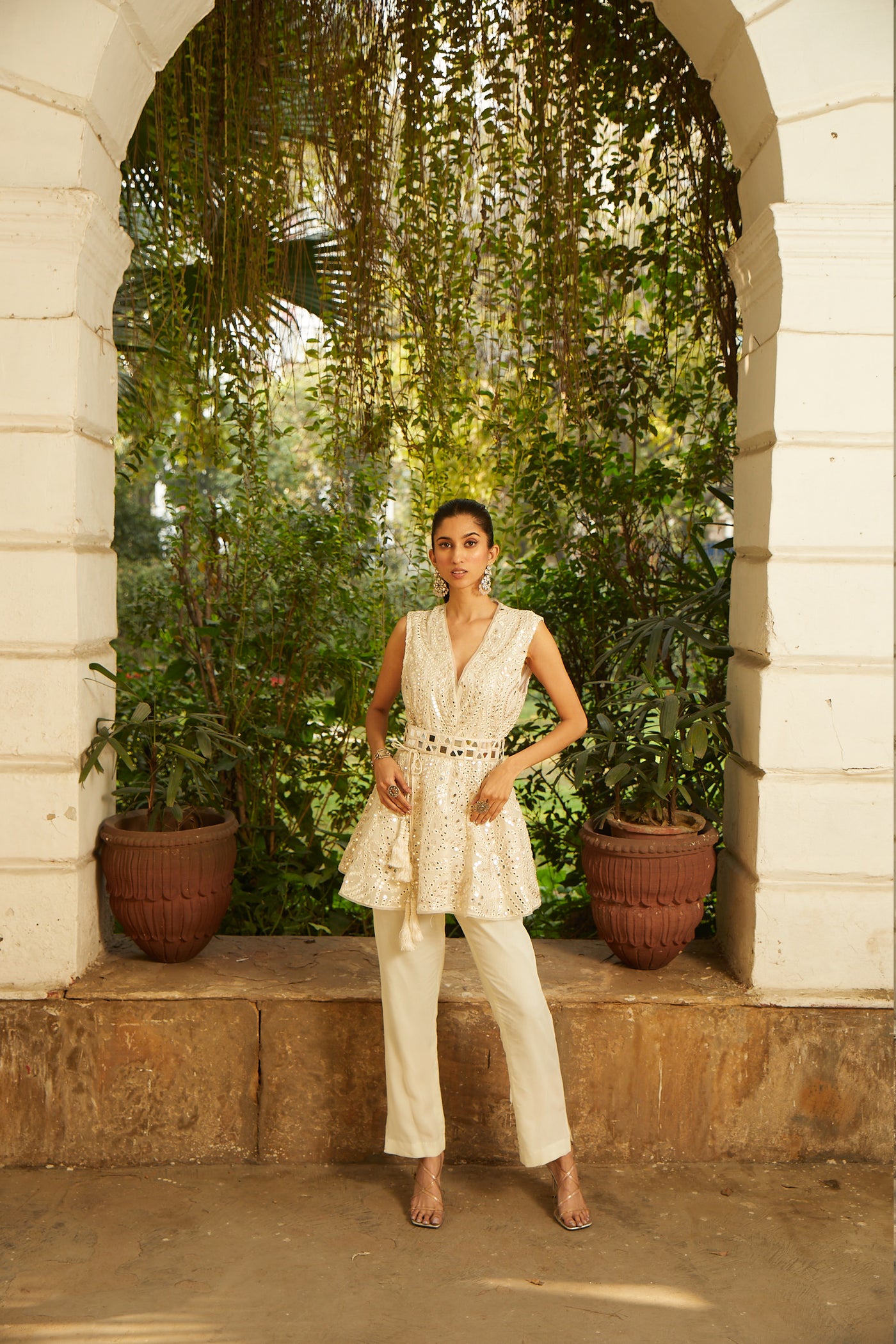 Twenty Nine Mirrorwork Sleeveless Peplum Jacket indian designer wear online shopping melange singapore