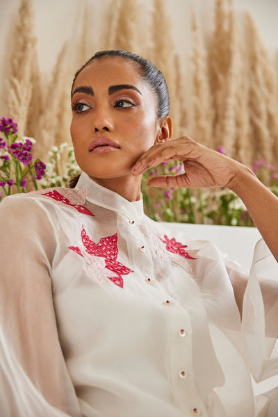 Twenty Nine Organza Bandhani Applique Hi Neck Shirt indian designer wear online shopping melange singapore