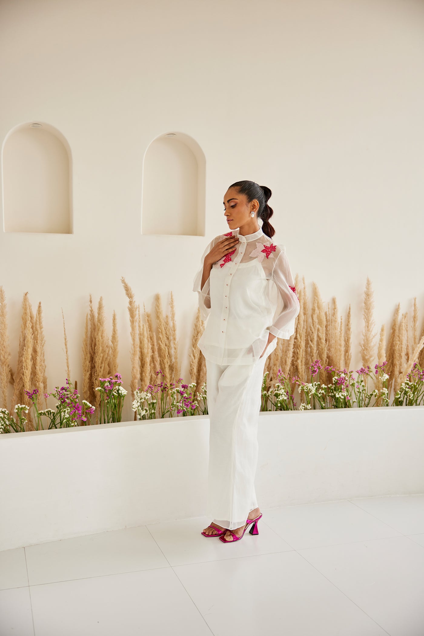 Twenty Nine Organza Bandhani Applique Hi Neck Shirt indian designer wear online shopping melange singapore