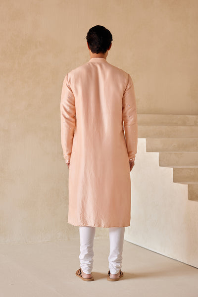 Twenty Nine Peach Dupion Silk Kurta with Mirrorwork Check Jaal indian designer wear online shopping melange singapore