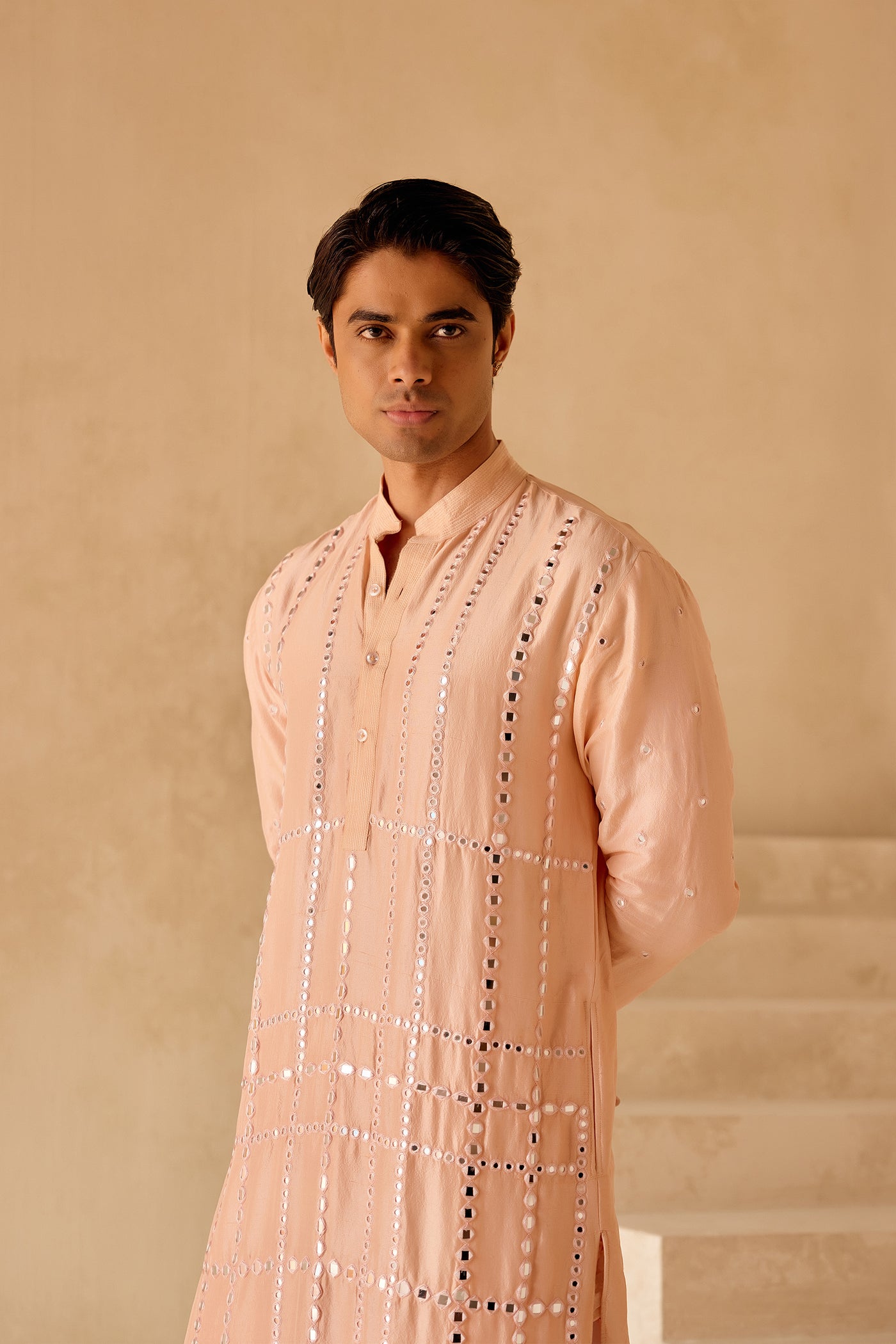 Twenty Nine Peach Dupion Silk Kurta with Mirrorwork Check Jaal indian designer wear online shopping melange singapore