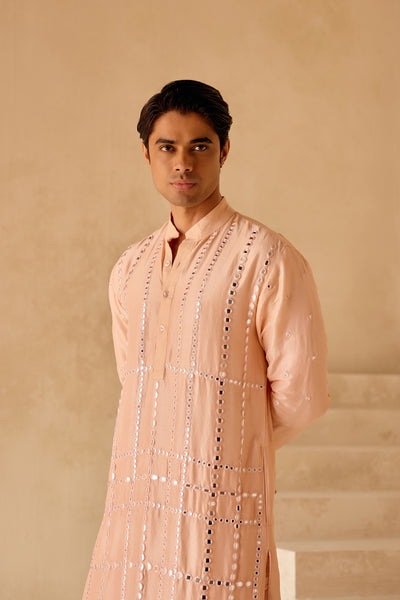 Twenty Nine Peach Dupion Silk Kurta with Mirrorwork Check Jaal indian designer wear online shopping melange singapore