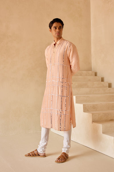Twenty Nine Peach Dupion Silk Kurta with Mirrorwork Check Jaal indian designer wear online shopping melange singapore