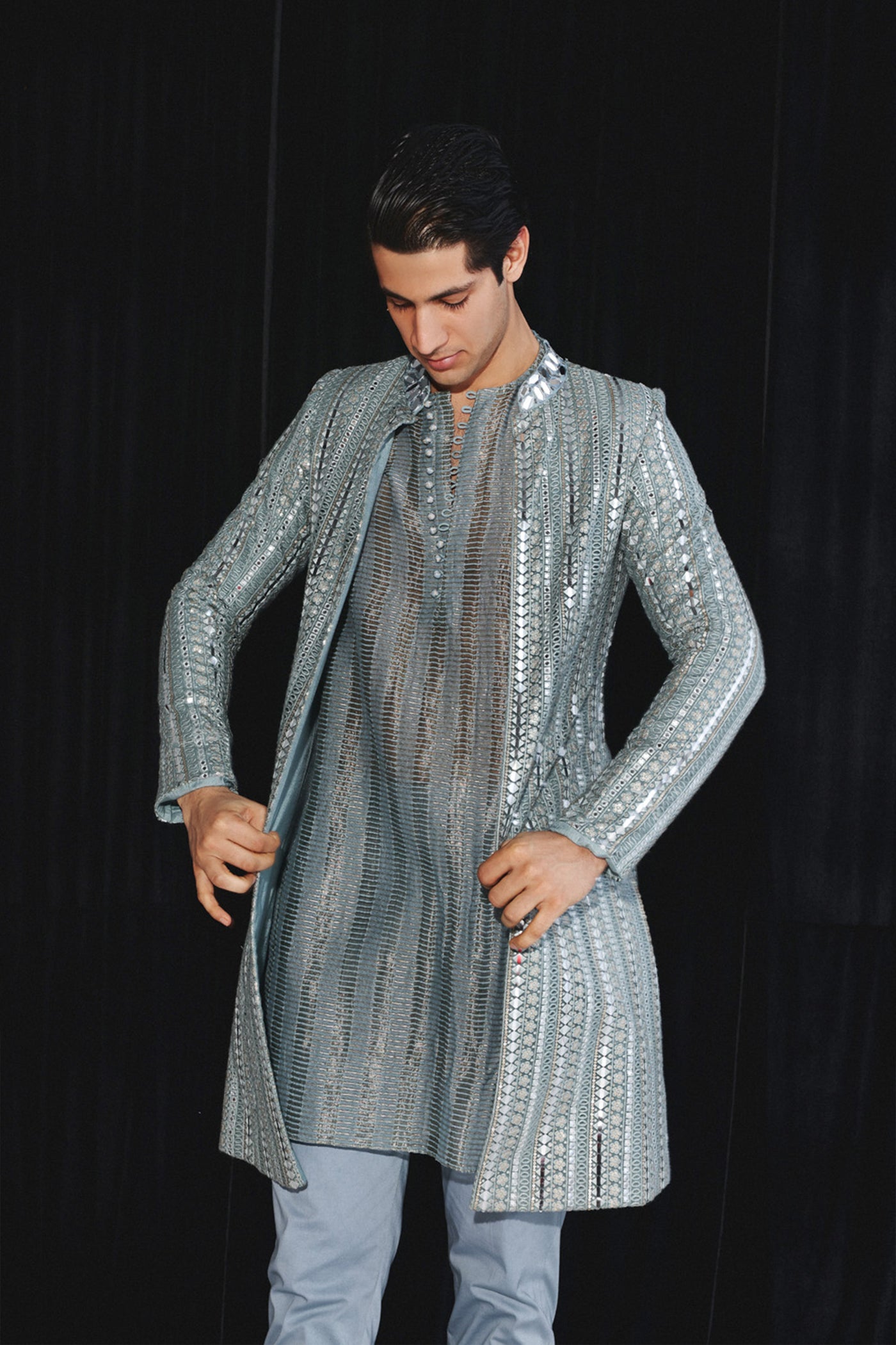 Twenty Nine Powder Blue Geometrical Mirrorwork Jacket indian designer wear online shopping melange singapore