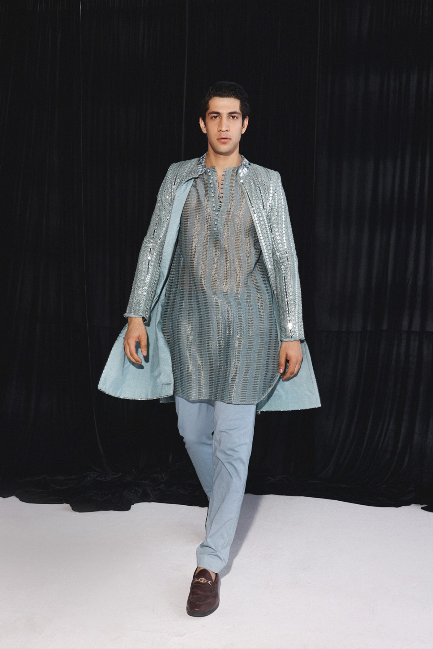 Twenty Nine Powder Blue Geometrical Mirrorwork Jacket indian designer wear online shopping melange singapore