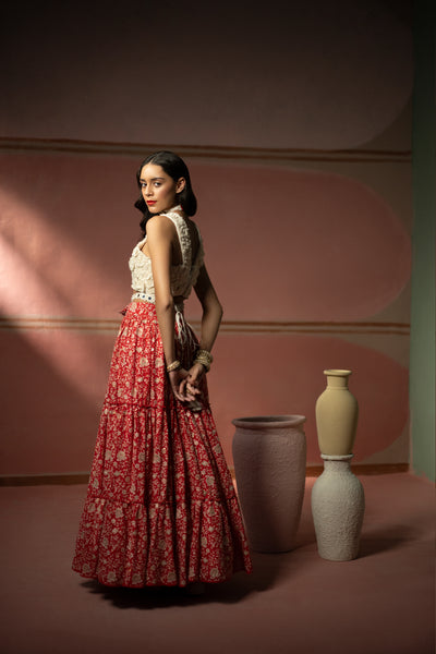 Twenty Nine Red Chikankari Lehenga Set indian designer wear online shopping melange singapore