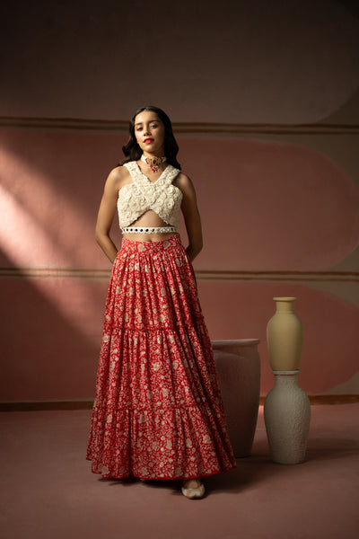 Twenty Nine Red Chikankari Lehenga Set indian designer wear online shopping melange singapore