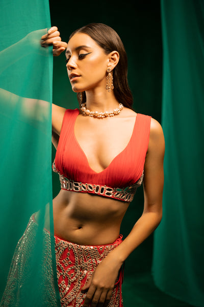 Twenty Nine Red Mirrorwork Lehenga Set indian designer wear online shopping melange singapore