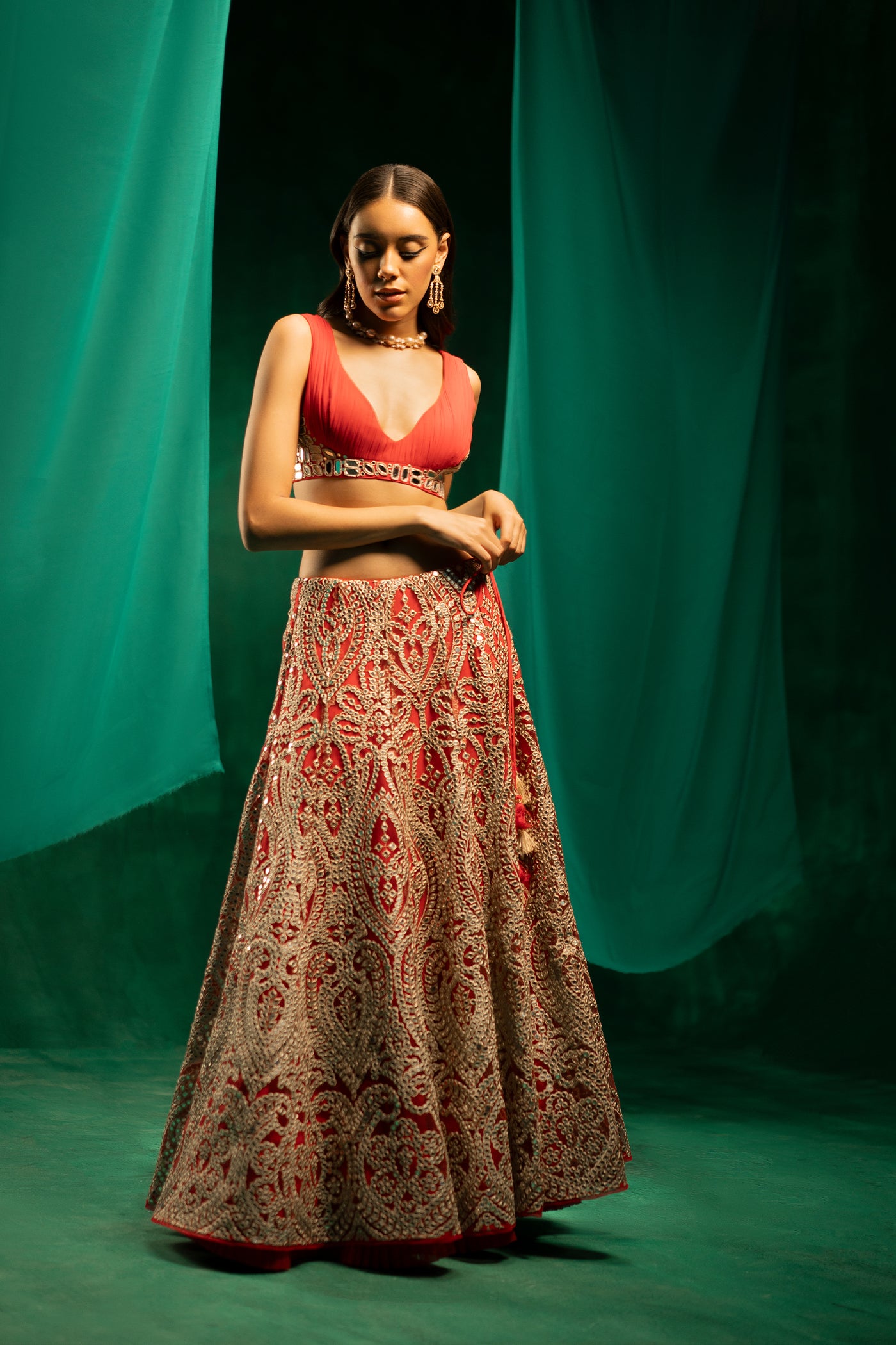 Twenty Nine Red Mirrorwork Lehenga Set indian designer wear online shopping melange singapore