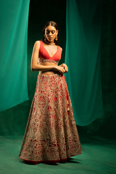 Twenty Nine Red Mirrorwork Lehenga Set indian designer wear online shopping melange singapore