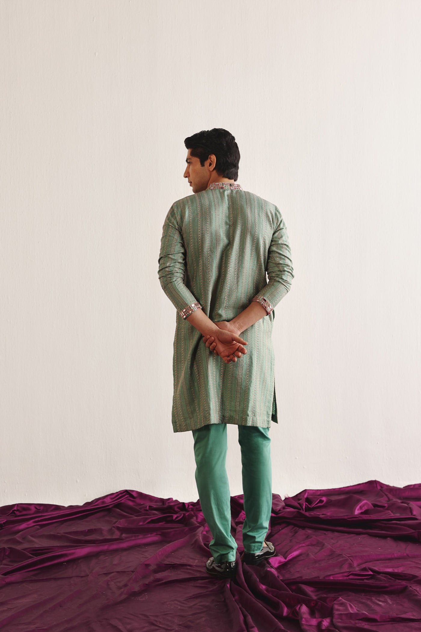 Twenty Nine Sea Green Kantha Work Kurta With Mirrorwork indian designer wear online shopping melange singapore