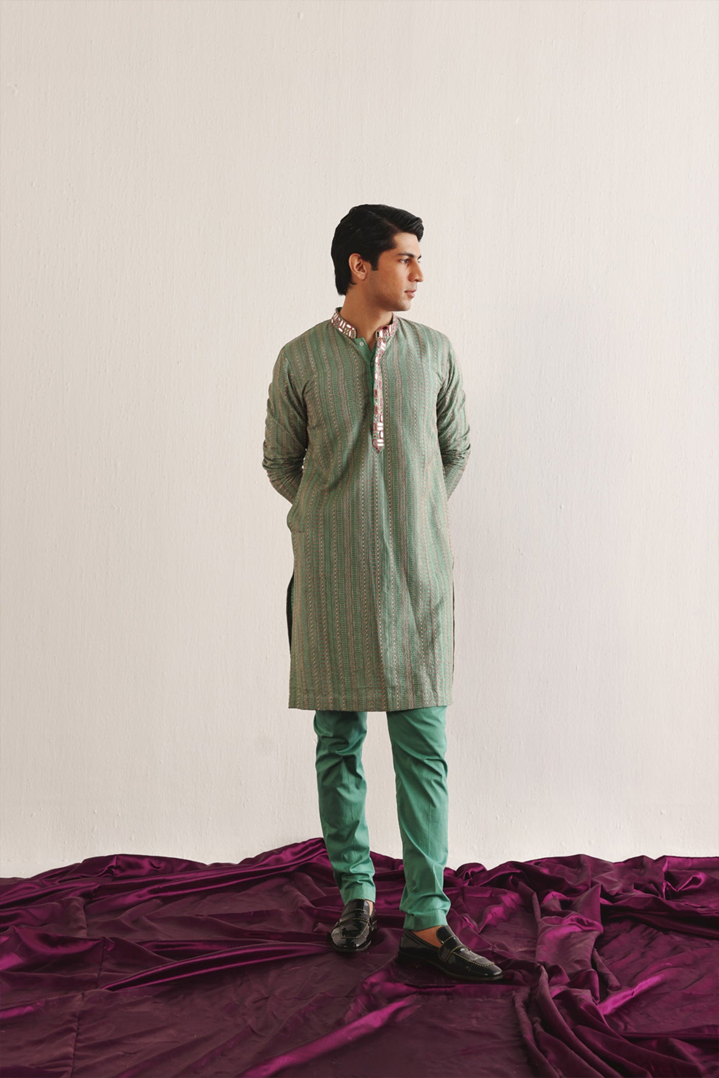 Twenty Nine Sea Green Kantha Work Kurta With Mirrorwork indian designer wear online shopping melange singapore