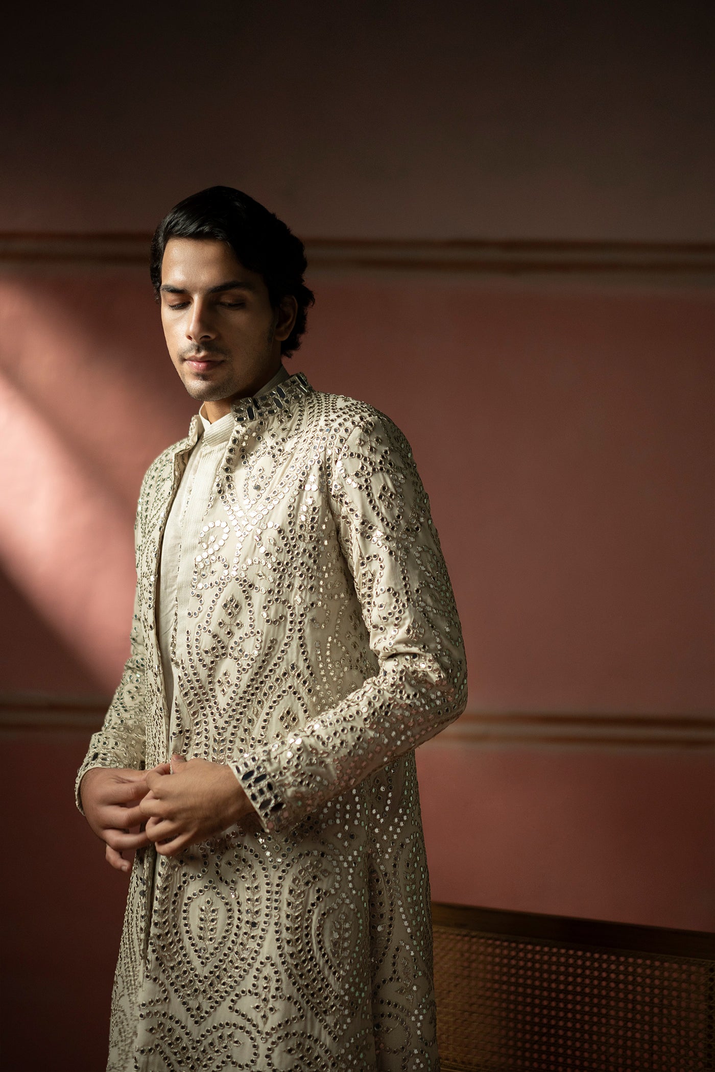 Twenty Nine Silver Zari Mirrorwork Sherwani indian designer wear online shopping melange singapore