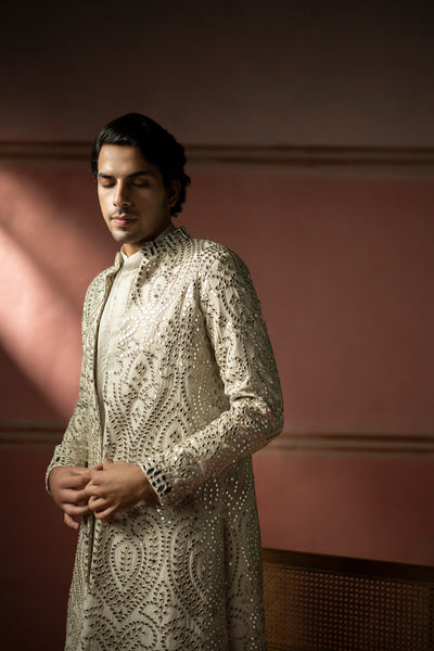 Twenty Nine Silver Zari Mirrorwork Sherwani indian designer wear online shopping melange singapore