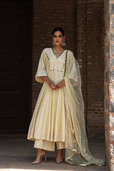 Preevin Big Border Lemon Anarkali With Pants indian designer wear online shopping melange singapore