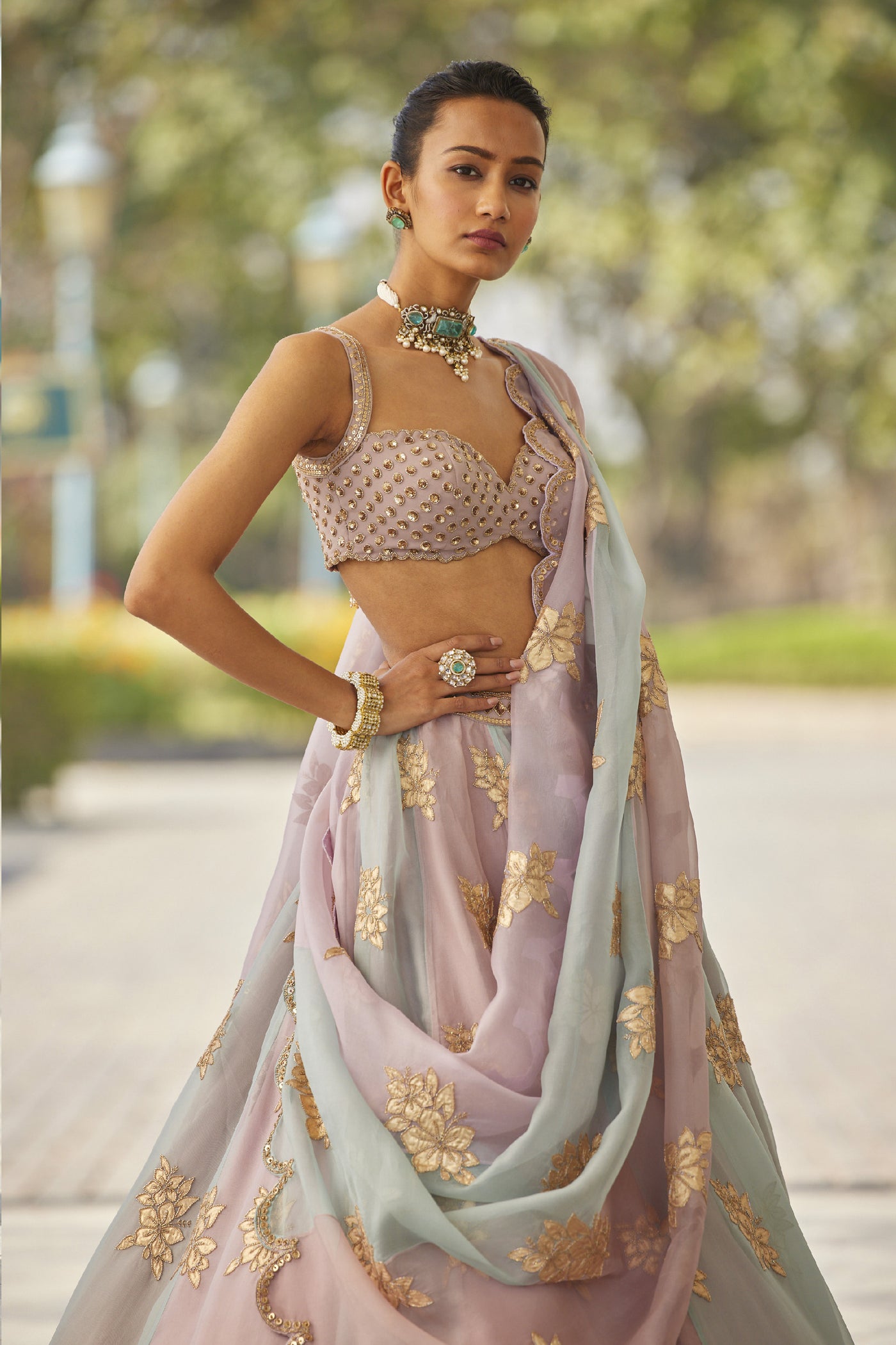 V Vani Vats Ash Pink Flower Lehenga Set indian designer wear online shopping melange singapore