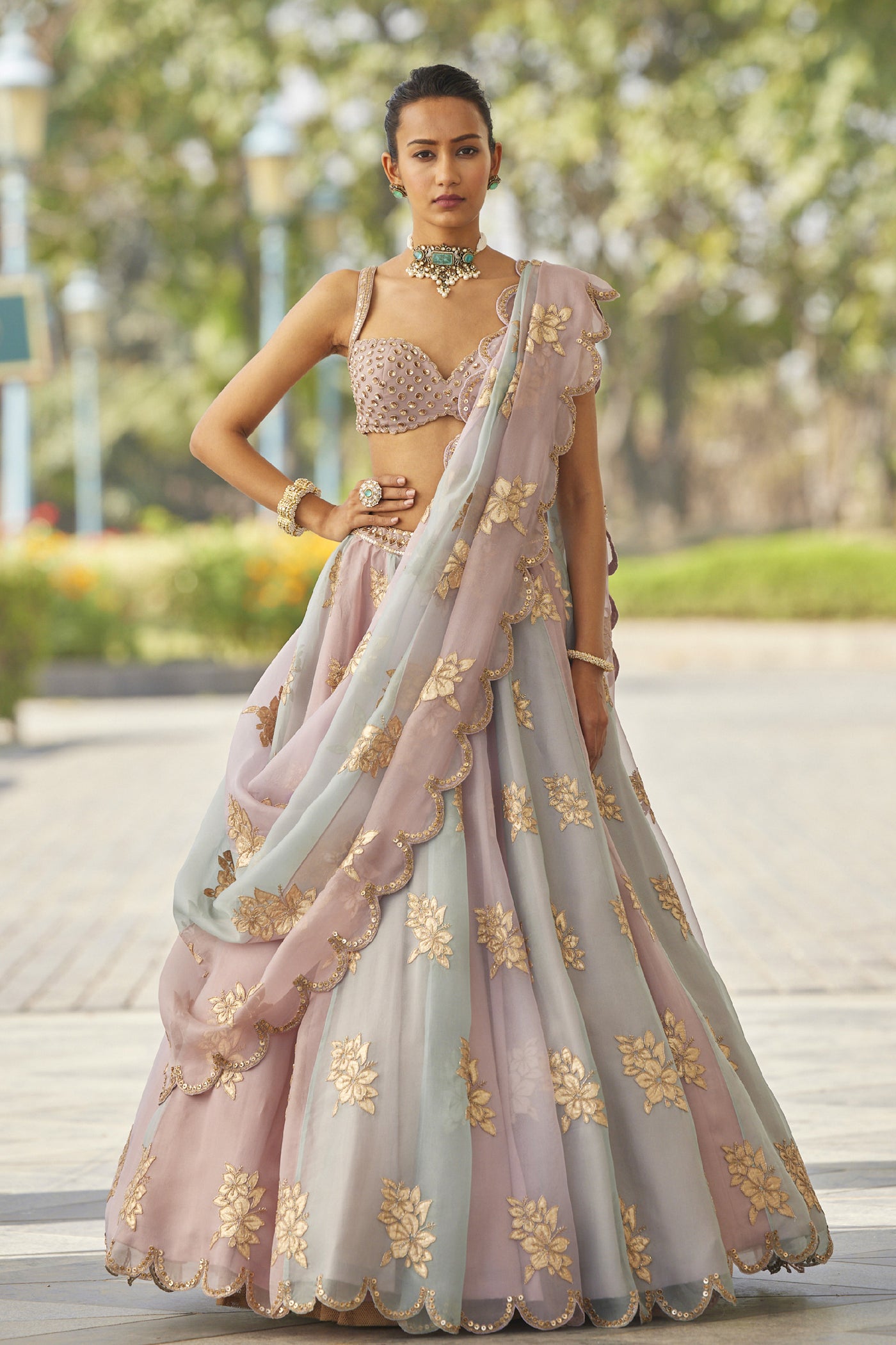 V Vani Vats Ash Pink Flower Lehenga Set indian designer wear online shopping melange singapore