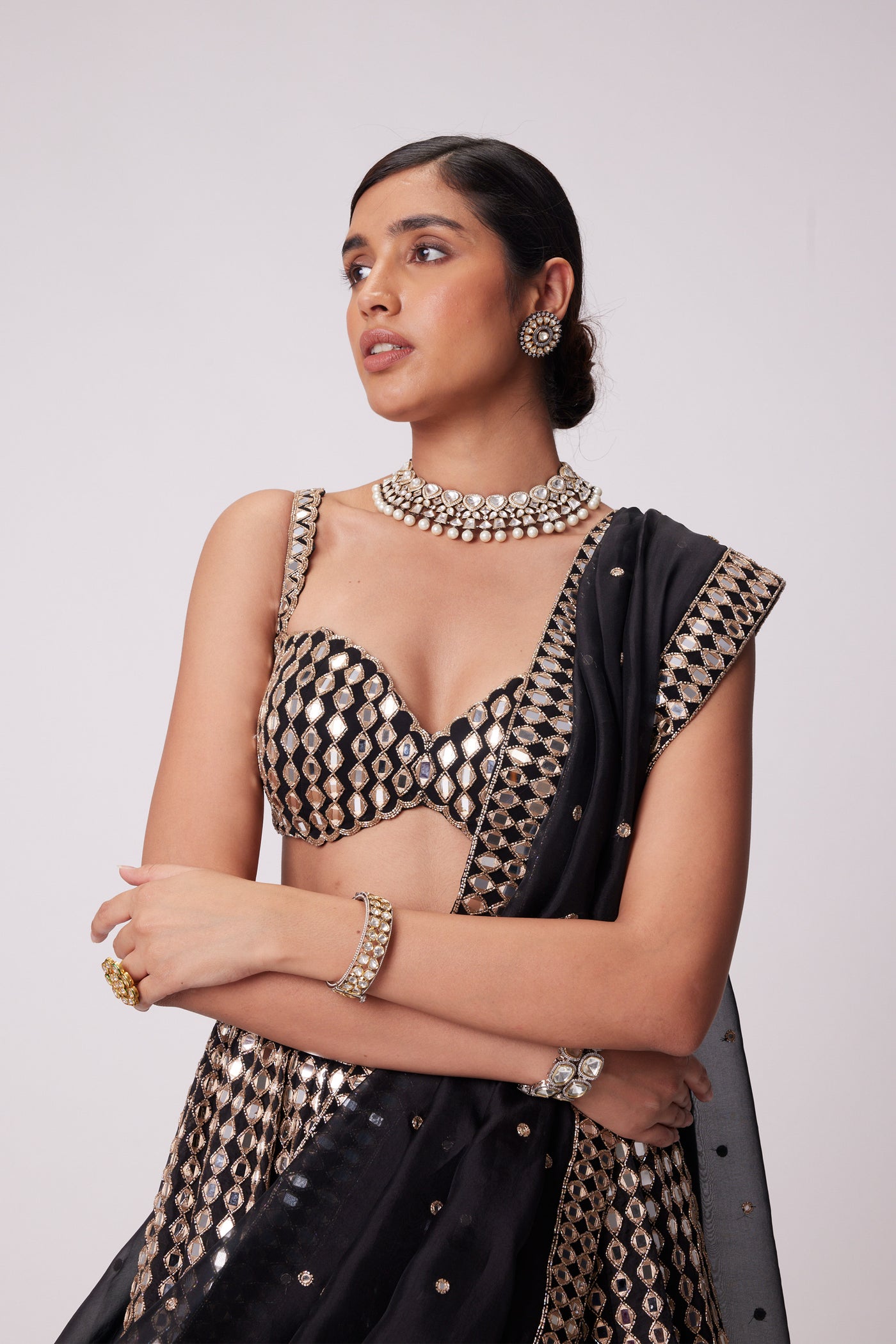 V Vani Vats Black Linear Mirror Embroidered Lehenga Set indian designer wear online shopping melange singapore