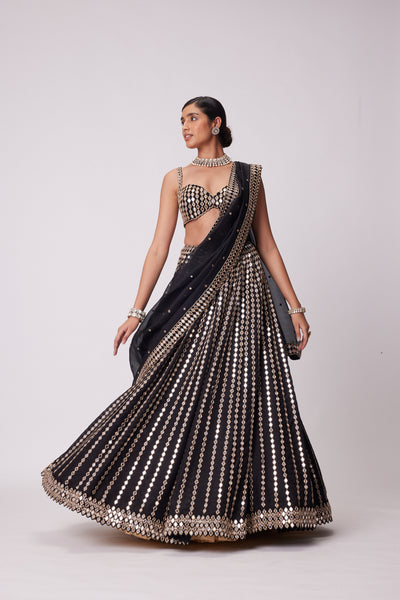V Vani Vats Black Linear Mirror Embroidered Lehenga Set indian designer wear online shopping melange singapore