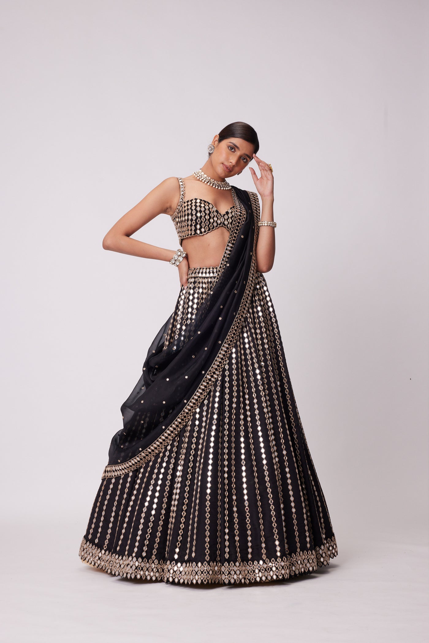 V Vani Vats Black Linear Mirror Embroidered Lehenga Set indian designer wear online shopping melange singapore