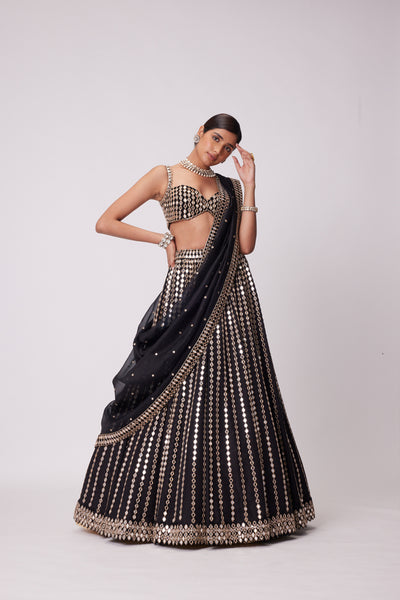 V Vani Vats Black Linear Mirror Embroidered Lehenga Set indian designer wear online shopping melange singapore