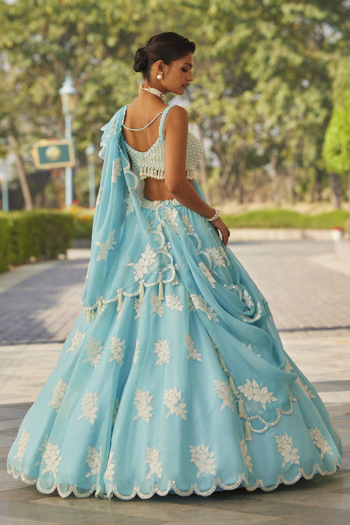 V Vani Vats Blue Flower Lehenga Set indian designer wear online shopping melange singapore