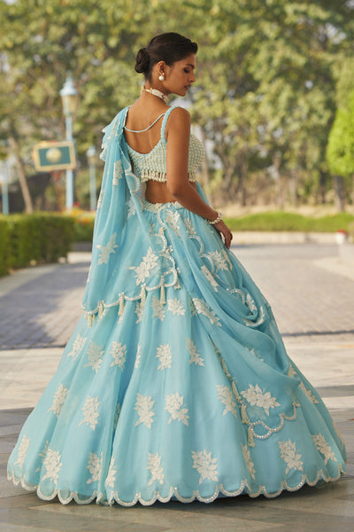 V Vani Vats Blue Flower Lehenga Set indian designer wear online shopping melange singapore