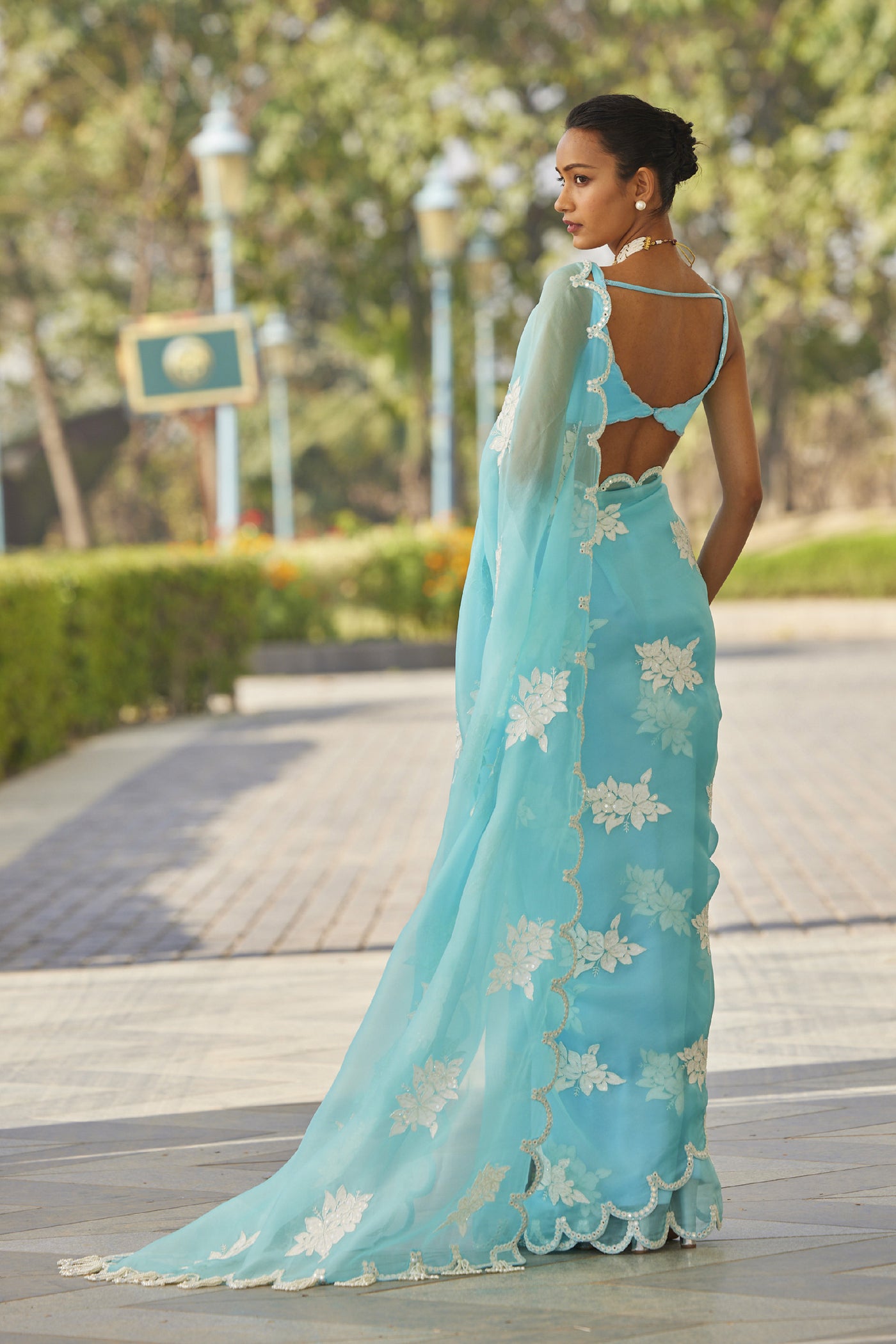 V Vani Vats Blue Flower Saree Set indian designer wear online shopping melange singapore