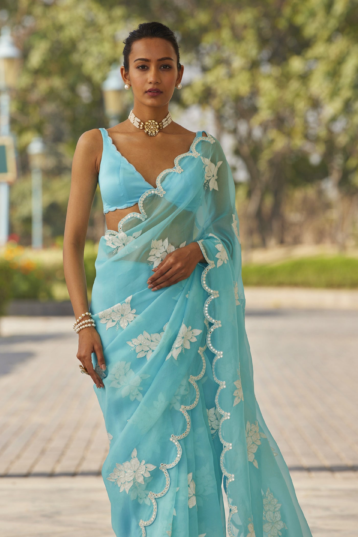 V Vani Vats Blue Flower Saree Set indian designer wear online shopping melange singapore